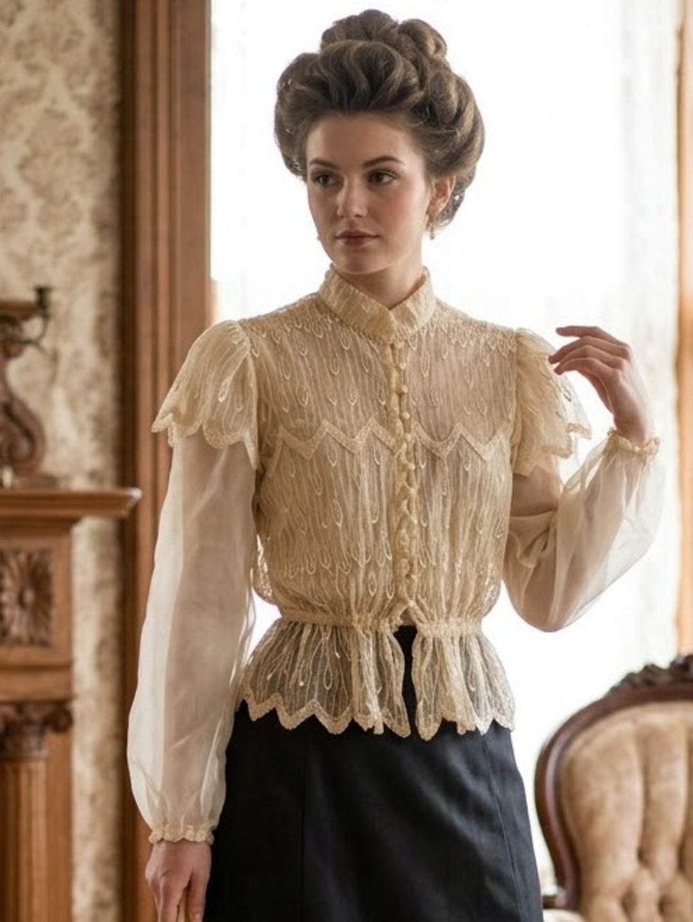 VINTAGE VICTORIAN Sheer Lace-Trim Cream Women's Blouse SZ 6 BIRDE BRIDAL WEDDING